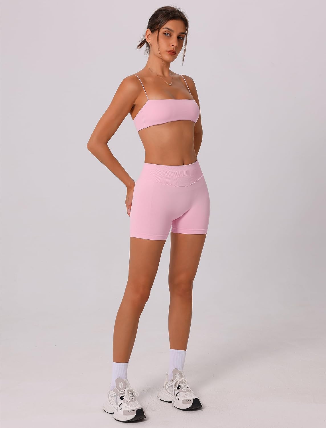 ABOCIW Workout Sets for Women Seamless Bandeau Strappy Sports Bra Scrunch Butt High Waist Biker Shorts Gym Set 2 Piece