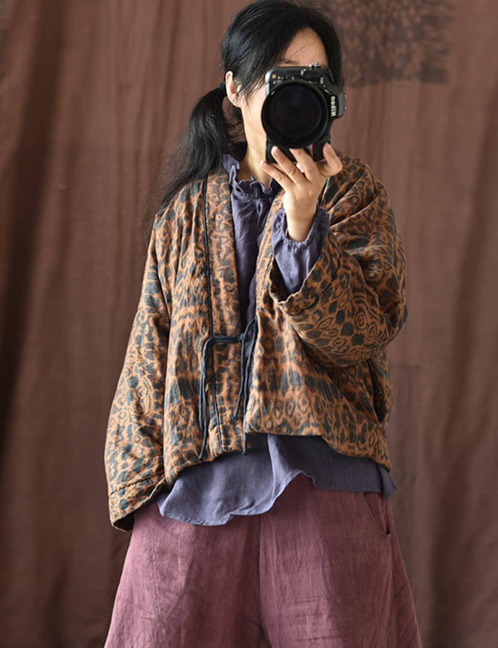 NFYM Women's Short Quilted Jacket Printed Open Front V-Neck Shawl Collar Drop Shoulder Vintage Outwear