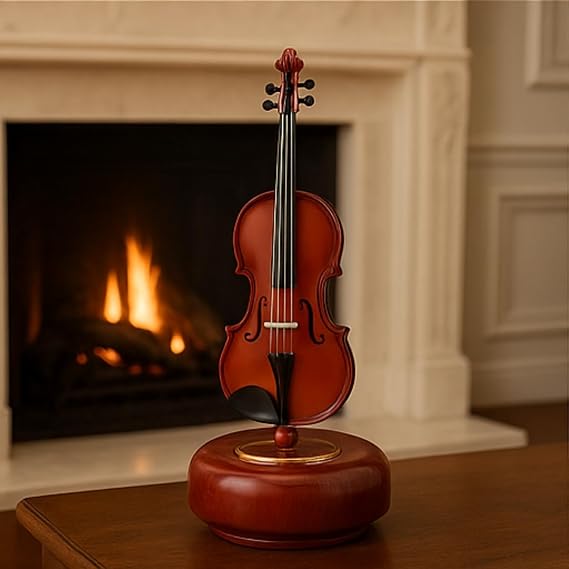 Decorative Classic Violin Figure Music Box – 18 cm Desktop Ornament and Gift with Retro Rotary Mechanism with Wooden Stand