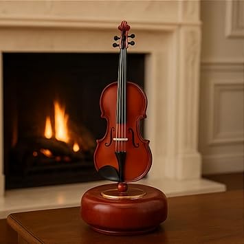 Decorative Classic Violin Figure Music Box – 18 cm Desktop Ornament and Gift with Retro Rotary Mechanism with Wooden Stand