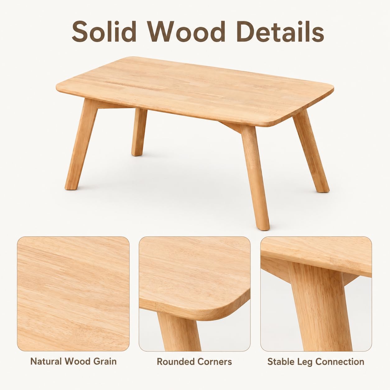 Floor Table, 11.8" H Solid Rubber Wood Low Coffee Table, Natural | For floor seating in small spaces, its rectangular design works well on rugs, beside floor cushions, and in reading nooks.