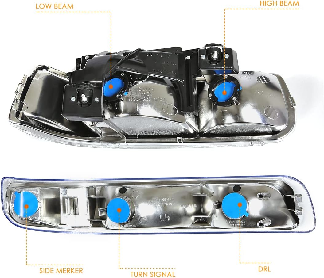 PM PERFORMOTOR 4Pcs Headlights Assembly+Bumper Lights Compatible with 99-02 Chevy Silverado/00-06 Suburban,Chrome Housing Amber Corner
