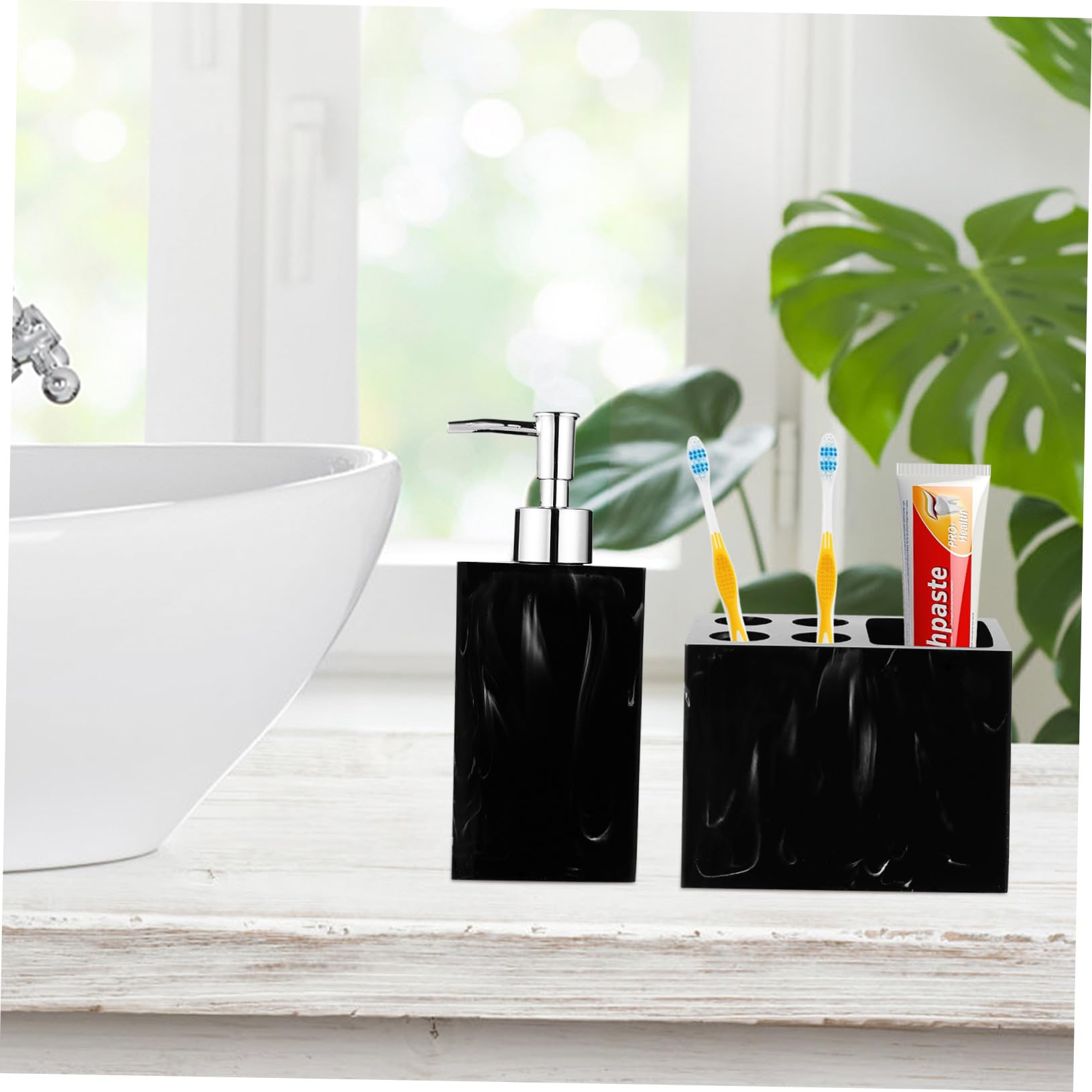 ABOOFAN Juego de Accesorios de Baño Marmolado Negro Jabonera, Estante para Cepillos, Vasos Enjuague Bucal y Botella de Viaje, Resina Práctica, para Baño y Viaje, Set de 5 Piezas
