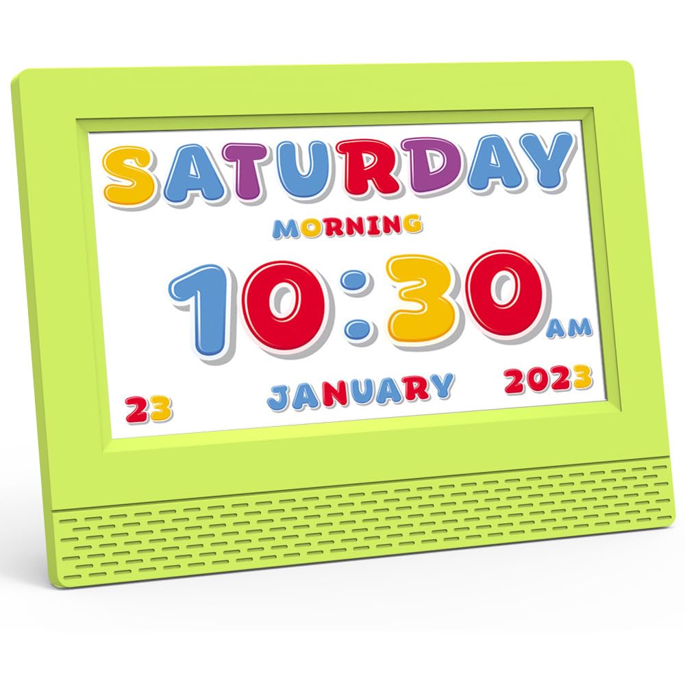 Exrp Kids Digital Alarm Clock Colorful, 7" Large LED Time Display Children's Sleep Trainer, Eye-Caring Digital Clock for Girls Boys Bedrooms Bedside, 17 Alarm Clock Settings Easy to Use (Green)