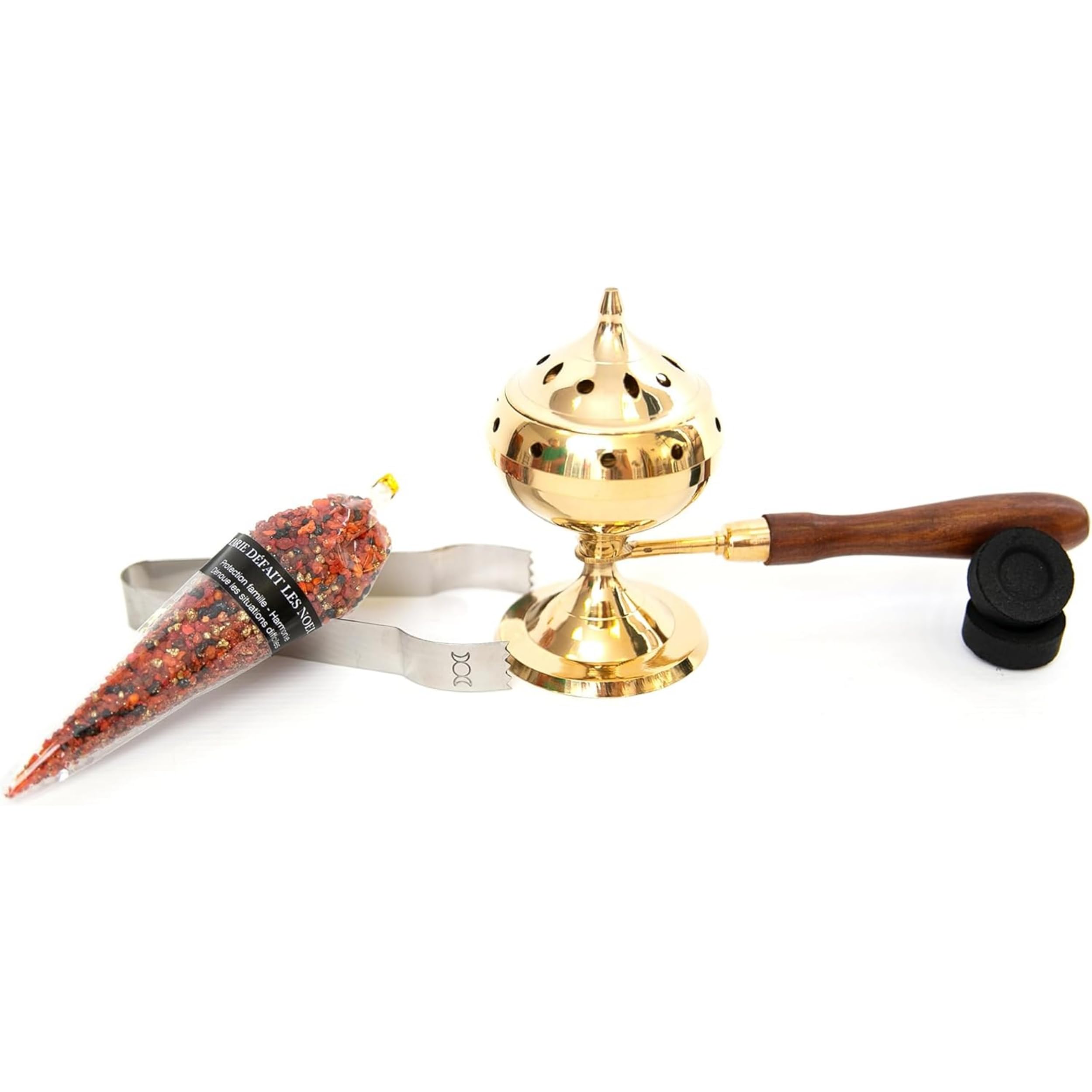 Räuchergefäß Bronze mit Holzgriff + 10 Kohlen + 1 Zange + 1 Set Weihrauch Marie Defait Les Noeuds Reinigung Schutz Glück – Geschenk esoterique