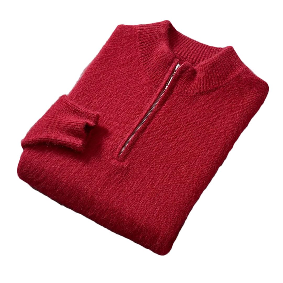 Men's Half Turtleneck Zipper Cashmere Sweater Winter Thick Pullovers Large Size Knit Basic Shirt Tops Rust Red