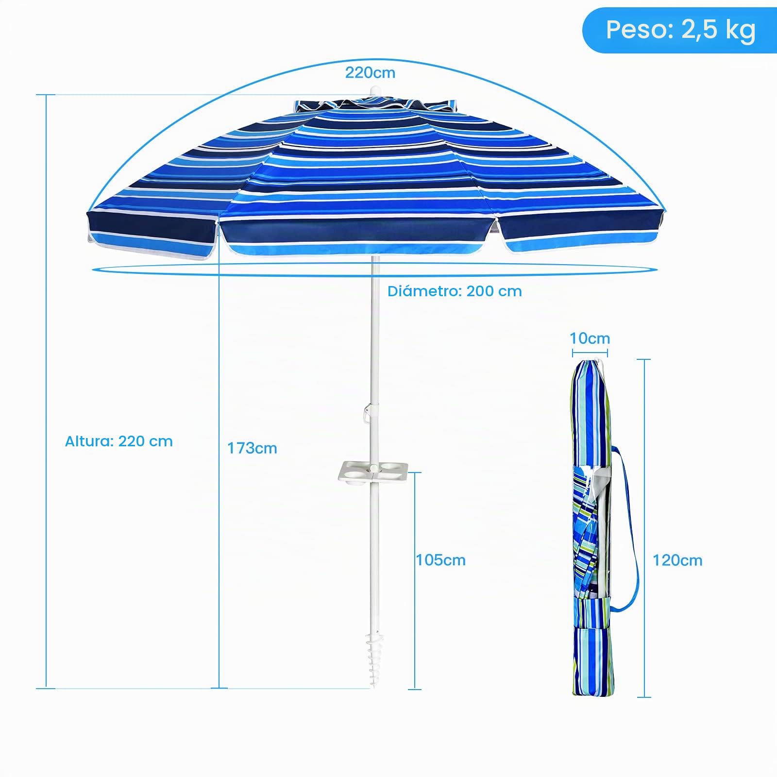 KOMFOTTEU Sombrilla Inclinable de 200 cm, Parasol de Playa con Soporte para Bebidas y Bolsa de Transporte, Paraguas de Balcón Plegable con Protección Solar, Resistente a la Intemperie
