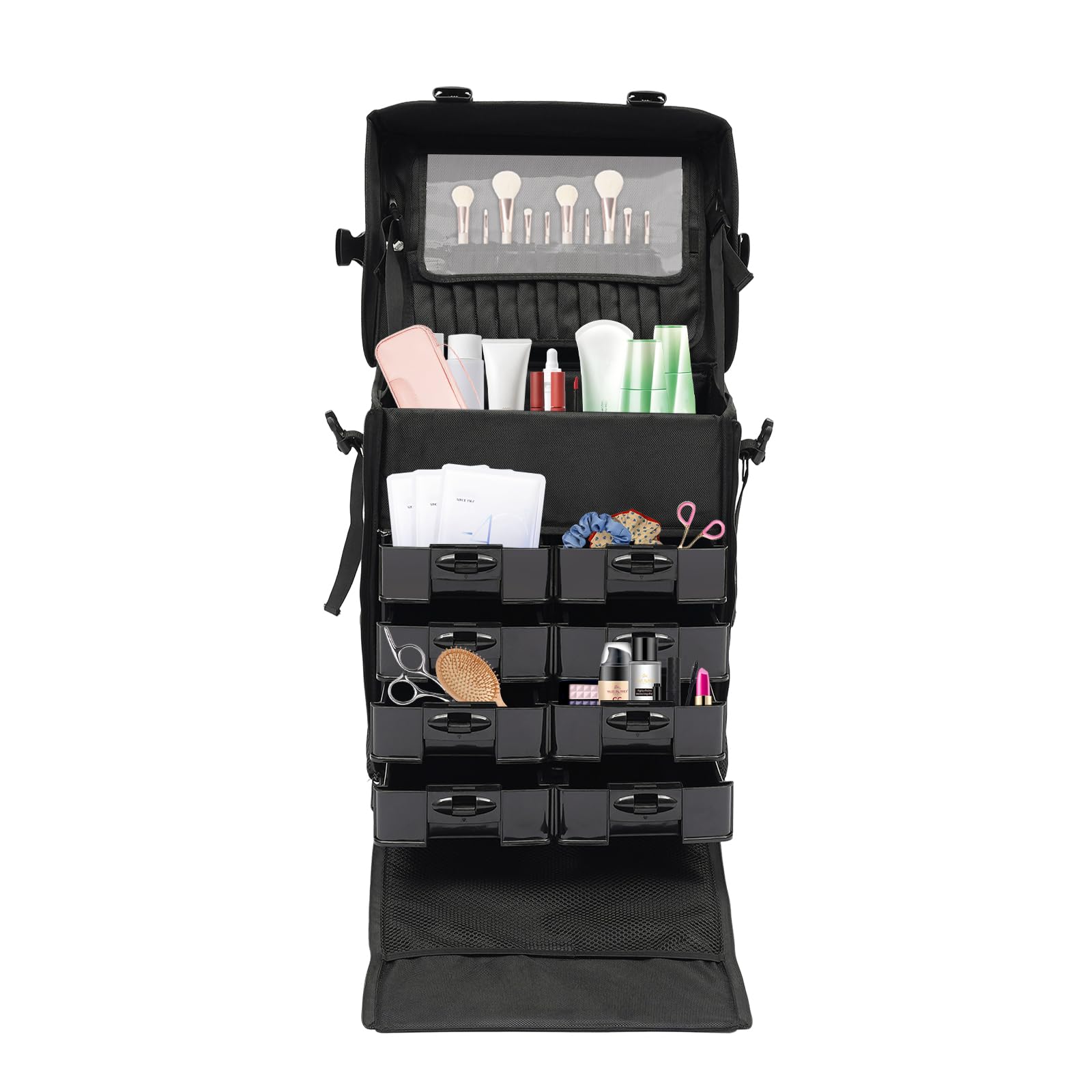 Valise cosmétique 4 en 1 à roulettes professionnelle avec roulettes - Idéale pour les voyages, les coiffeurs, idée cadeau - 38 x 29 x 42 cm - Noir