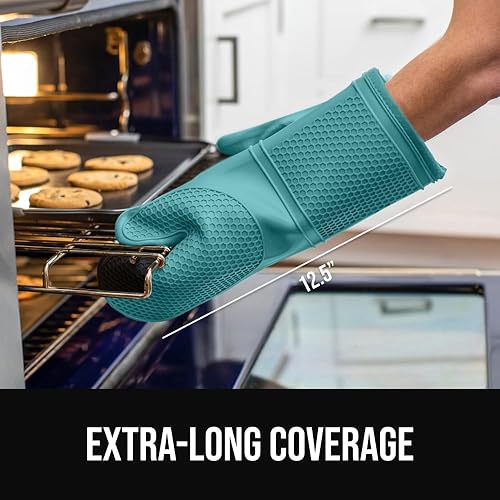 Miniatura 190 de GORILLA GRIP Juego de 4 manoplas de horno de silicona suave sin BPA y soportes para ollas, resistentes al calor, forro de algodón grueso, agarre Rojo