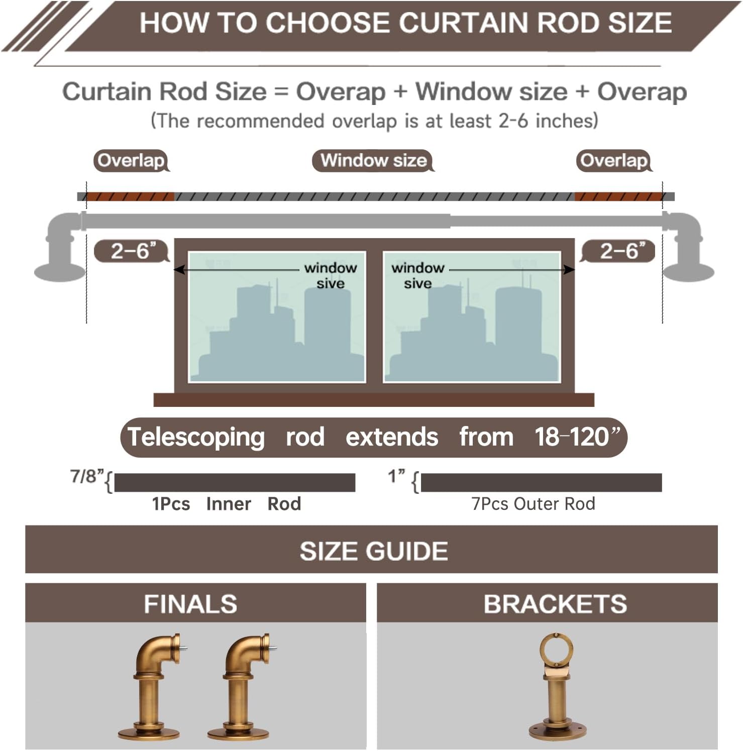 Soft Gold Industrial Curtain Rod for Windows 18 to 120 Inches,1 Inch Adjustable Drapery Pole,Heavy Duty Outdoor/Indoor Modern Curtain Rods,Easy Installation(Soft Gold 18"-120")