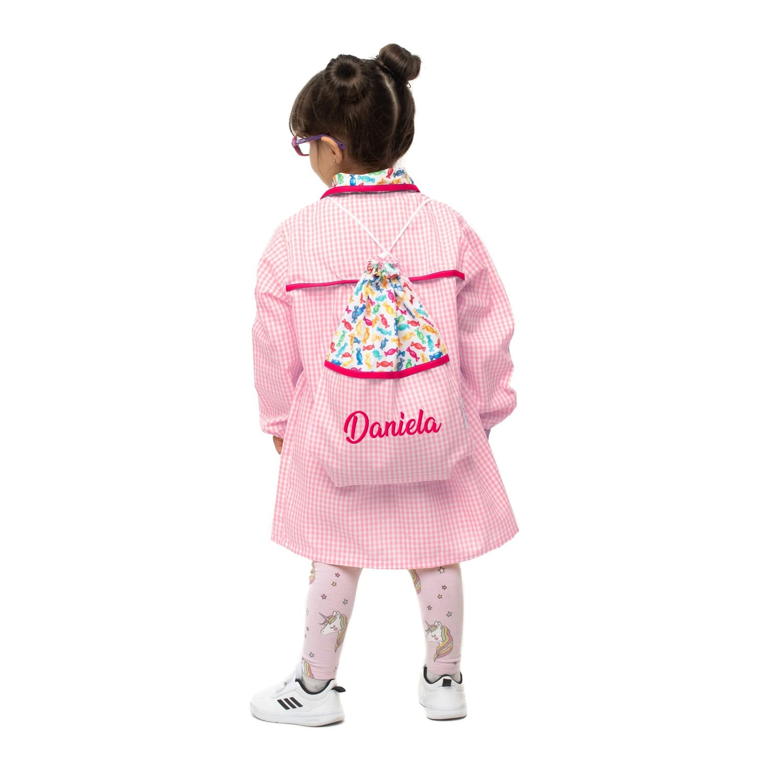 Nenel Conjunto Escolar para Colegio o guardería: Mandilón, babi o Bata Escolar + Bolsa merienda Bordado con el Nombre. Modelo Caramelos