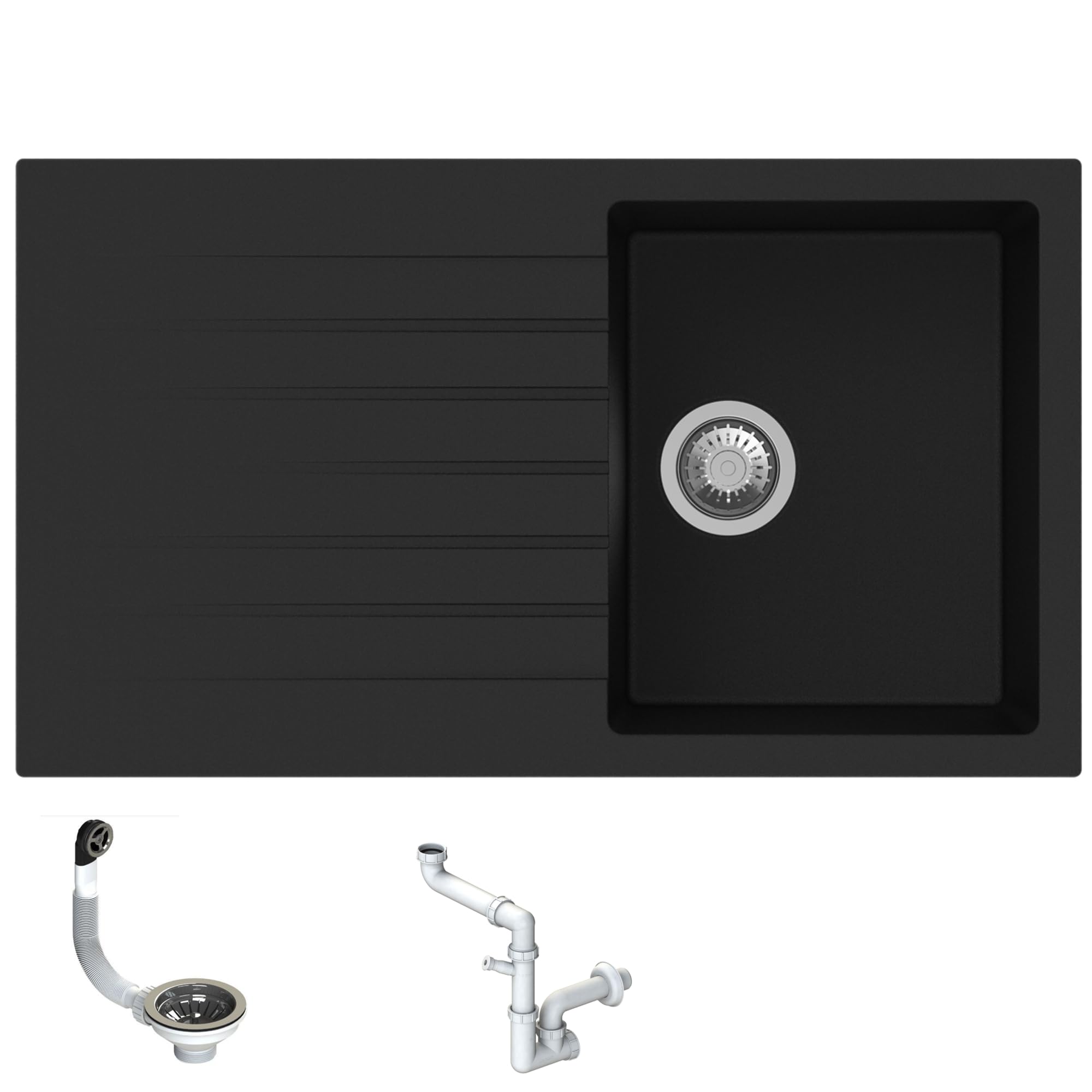 Lavello da Incasso PTPL861GB, 86x50 cm, 1 Vasca con Gocciolatoio, Granito Nero
