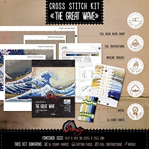 Povitrulya Counted Cross Stitch Kit For Adults ‘The Great Wave Off Kanagawa’ - Hokusai’s Ukiyo-E Japanese Art - Embroidery Set With Pattern Japan Design #TOP2