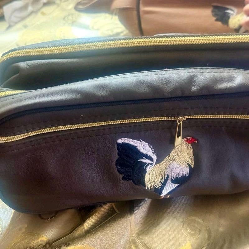 Rooster Embroidered Pouch with Gold Zipper, Faux Leather Collectible Storage Organizer, can Hold 24 Collectibles