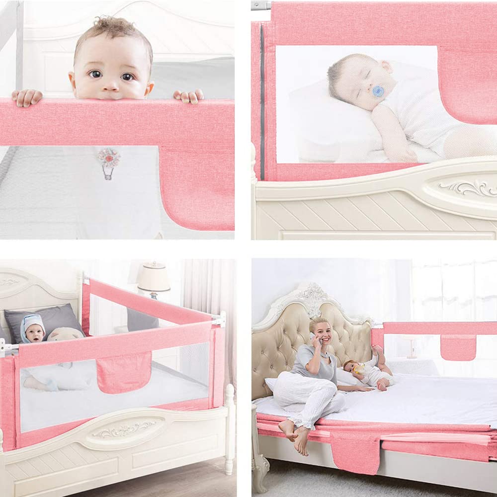 Sponda da Letto 150/180/200 cm (4,9 FT/5,9 FT/6,6 FT), Sponda Letto per Bambini Barriera di Sicurezza Universale Anticaduta con 1 Tasca Barriera Letto da Viaggio (180 cm/5,9 FT, Rosa)