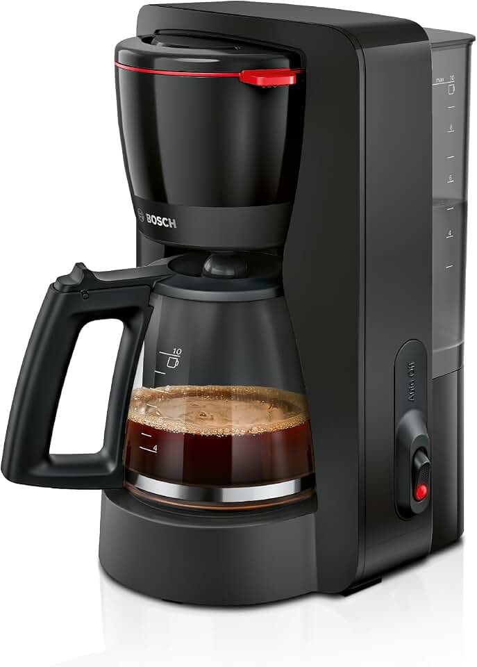 Bosch - Cafetera de Goteo, Jarra de Cristal Ergonómica, Depósito de Agua Extraible, Filtro Extraible, Apagado Automático, Anti Goteo, Negro, TKA2M113