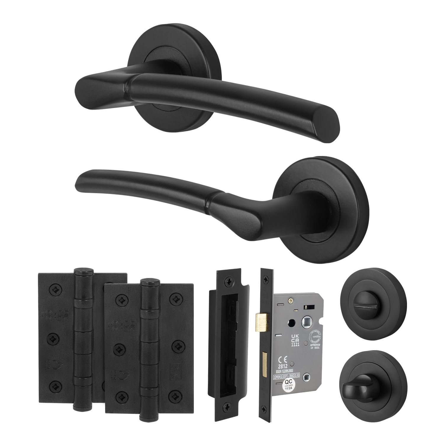 EAI Black Door Handle Bathroom Set, 1 Pair of Internal on Rose Matt Black Handles, Lock (80mm) Hinges (76mm) - Bova Range