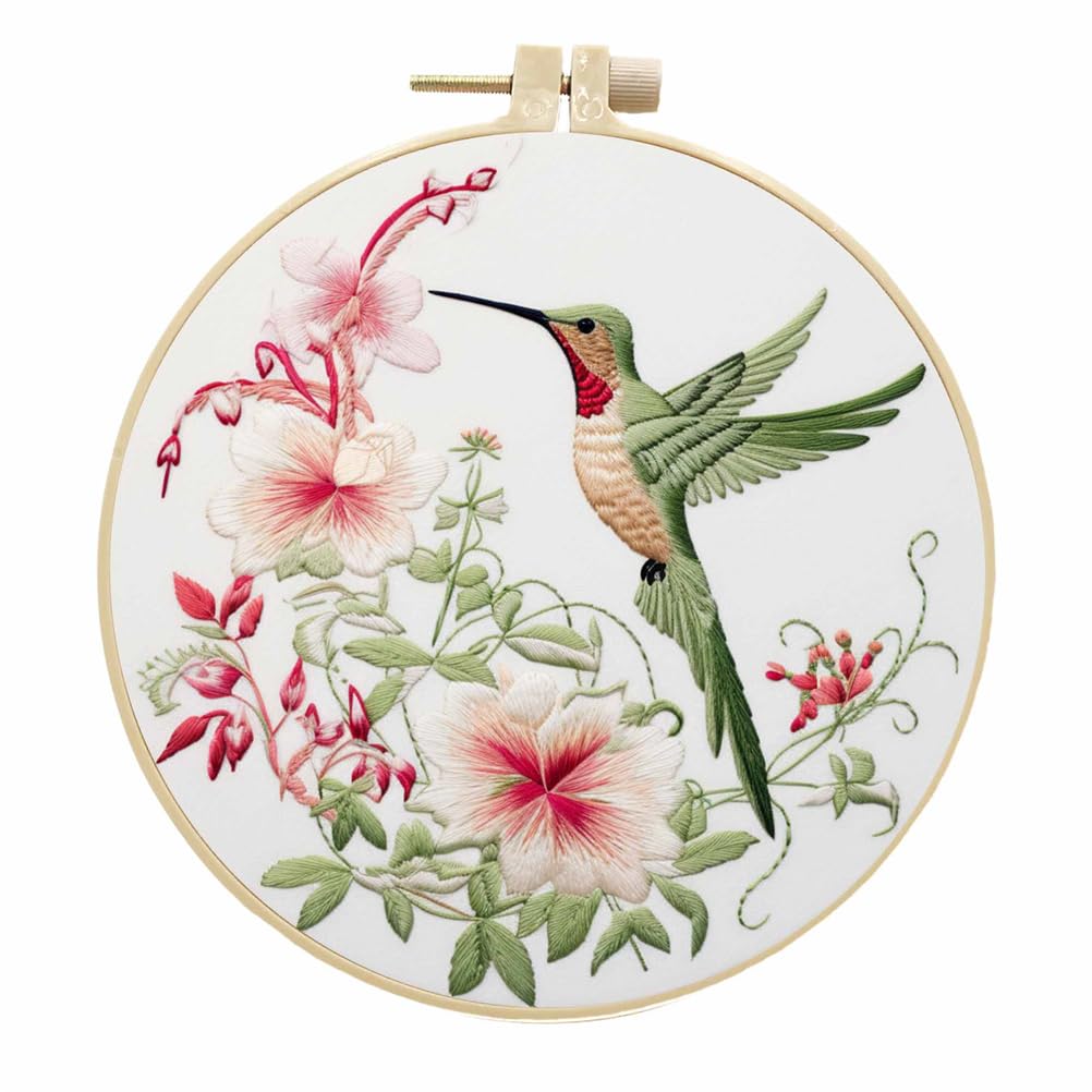 Meecaa Embroidery Kit Starter Set, Hummingbird Animal Flower Hand Embroidery Set, Pattern Printed Cross Stitch Set for Beginner Adults, with Embroidery Hoop and Instructions (Hummingbird 1)