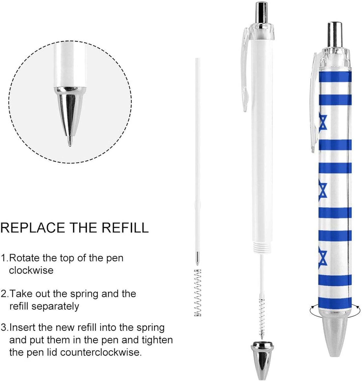 Israel Flag Israeli Star Custom Ballpoint Pen Ball Point Pen for Men Women Retractable Pens 0.5mm Blue Funny Printed, style