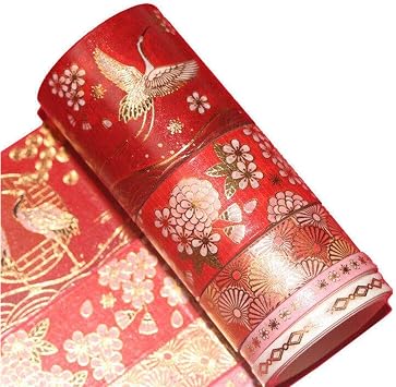 VIVIQUEN Gold Washi Tape Set Vintage Masking Tape Decorative Tape for DIY Scrapbooking, Crafts, Bullet Journal, Gift Wrapping, Holiday Decoration Planner Accessories Red Classical 5 Rolls