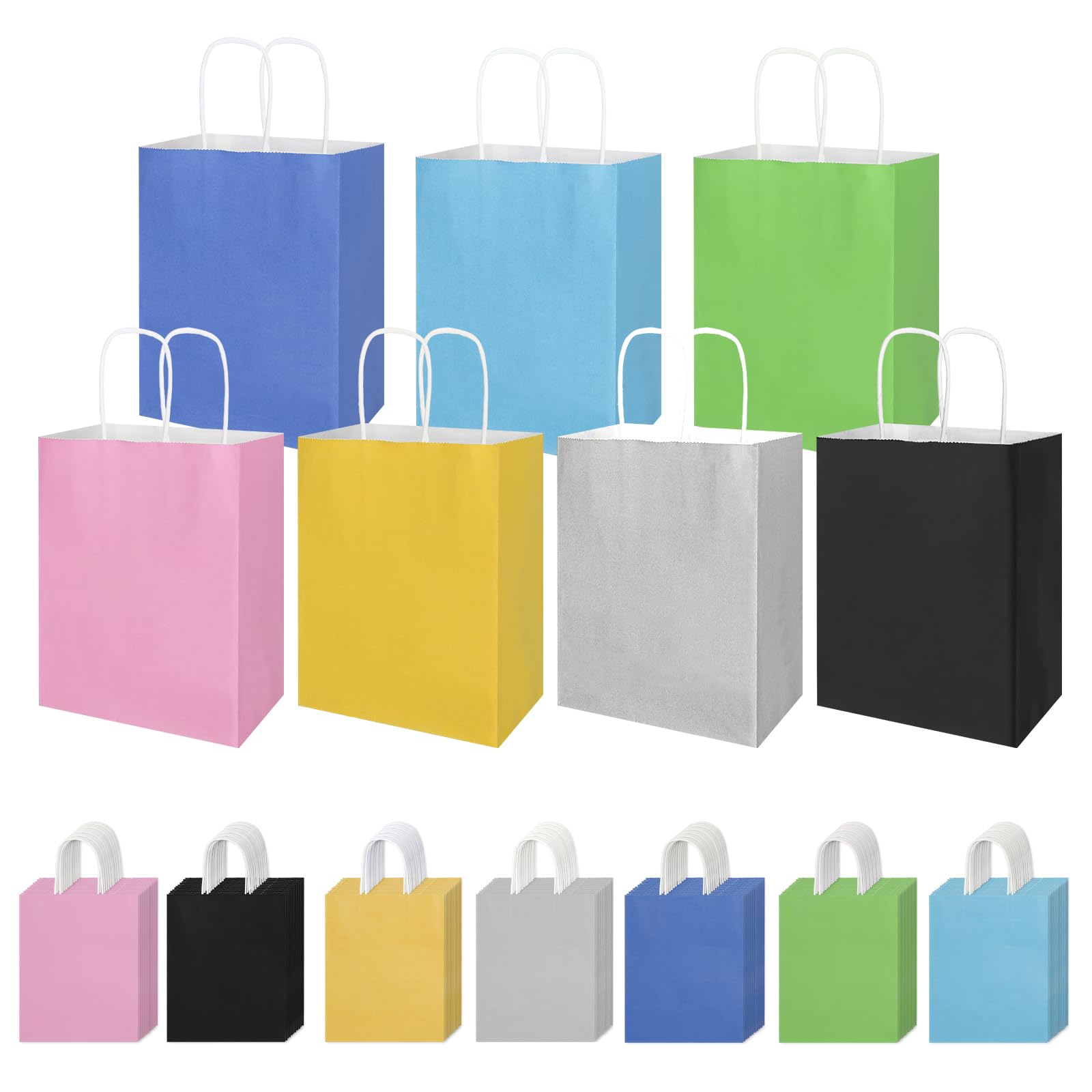 bagmadbagmad 70 Pack 8x4.75x10 inch Medium Multicolor Kraft Paper Bags with Handles bulk, 7 Assorted Colors Craft Gift Wrap Bags for Party Favors Grocery Shopping Christmas Birthday Bags(Medium Size