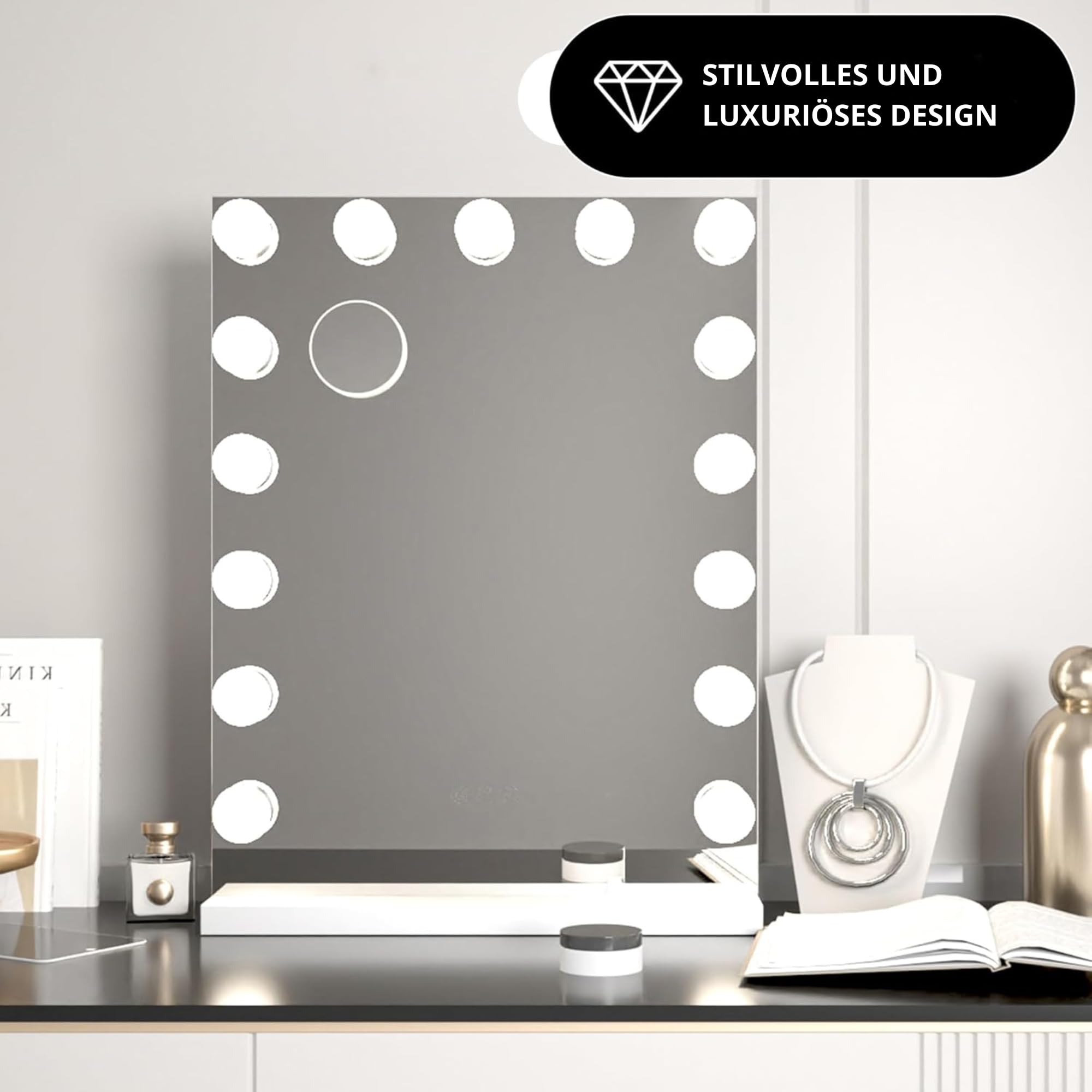 Bayt Hollywood Schminktischspiegel, Kosmetikspiegel, Vanity Table, LED Beleuchtung, 15 Dimmbare lampen, 3 Lichtmodi, Touchscreen, 10x Vergrößerungsspiegel, 60 x 43 cm, Weiß