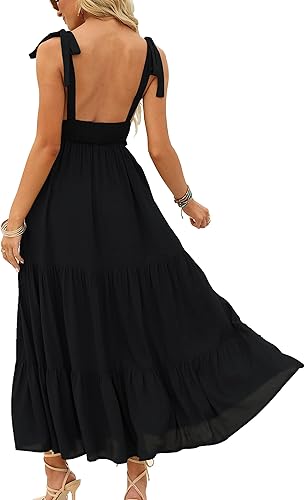 Miniatura 5 de DEEP SELF Vestido largo de verano con cuello en V para mujer, con tirantes delgados, dobladillo con volantes, vestidos largos con volantes