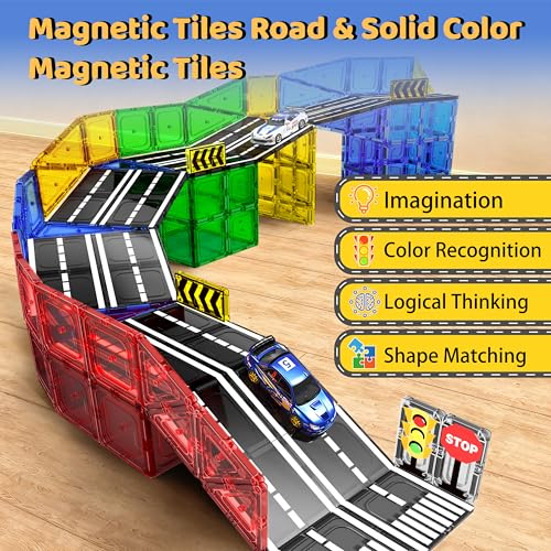 Magnetic Tiles - Road Set, Magnetic Building Blocks, Preschool Montessori Toys Gift for 3+ Year Old Boys and Girls, Sensory Christmas Toys for Kids Aged 3-5 and 4-8, Ideas for Toddler with Autism — view 2