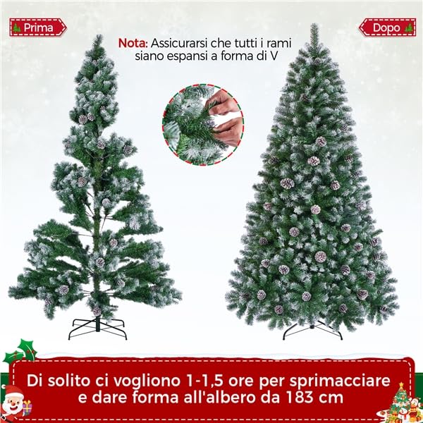 Yaheetech Albero di Natale 183 cm Artificiale Innevato con Pigne 920 Rami Incernierati Effetto Realistico con Supporto Metallo Pieghevole Decorazioni Natalizie