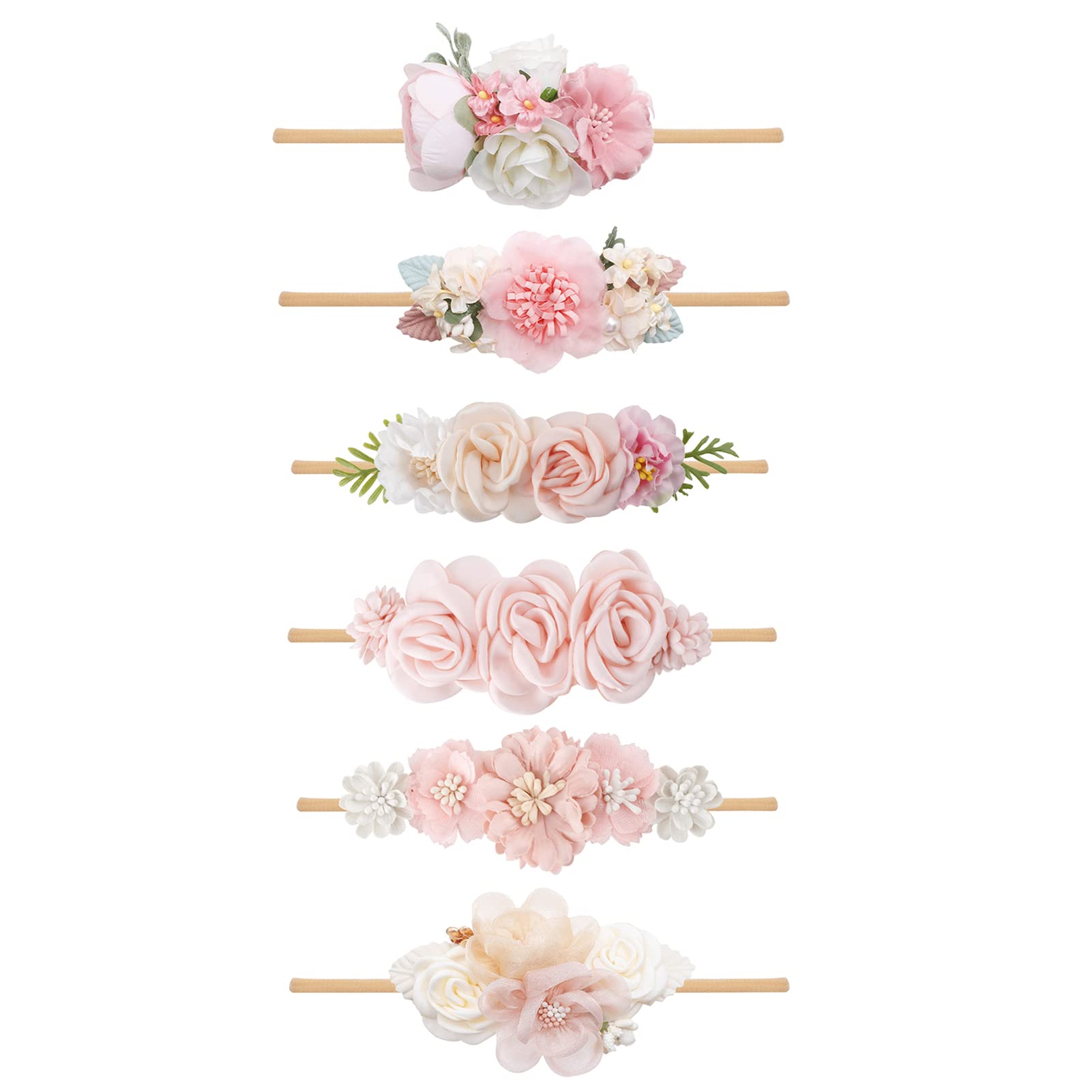 NUWAJP Baby Girl Flower Headband 6 PCS Elastic Hairbands Handmade Nylon Bows Headbands Chic Floral Hair Accessories Kids Gifts for Newborn Infant Toddlers