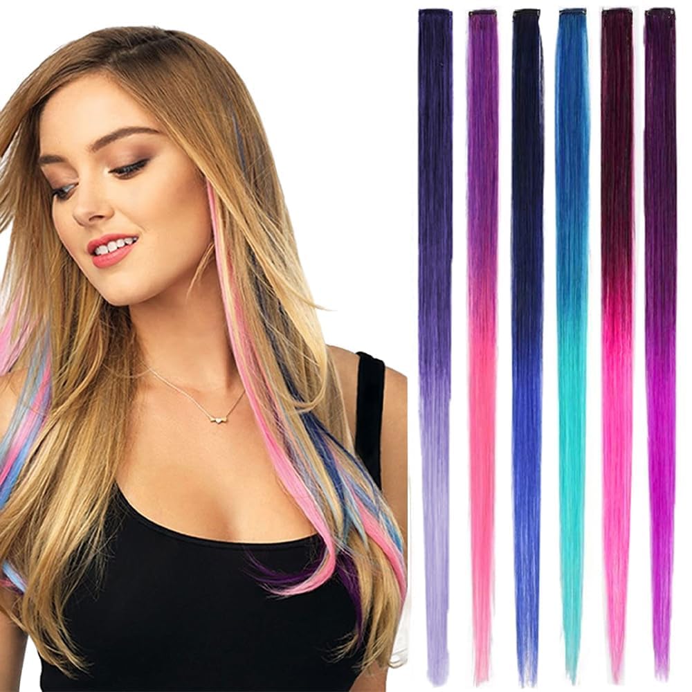 Diversa Hair Highlights Colored Hair Extension Clips for Girls & Women, Hair Tinsels Fake Hair for Party, Straight Rainbow Color Long Extension, Pack of 6 Streaks
