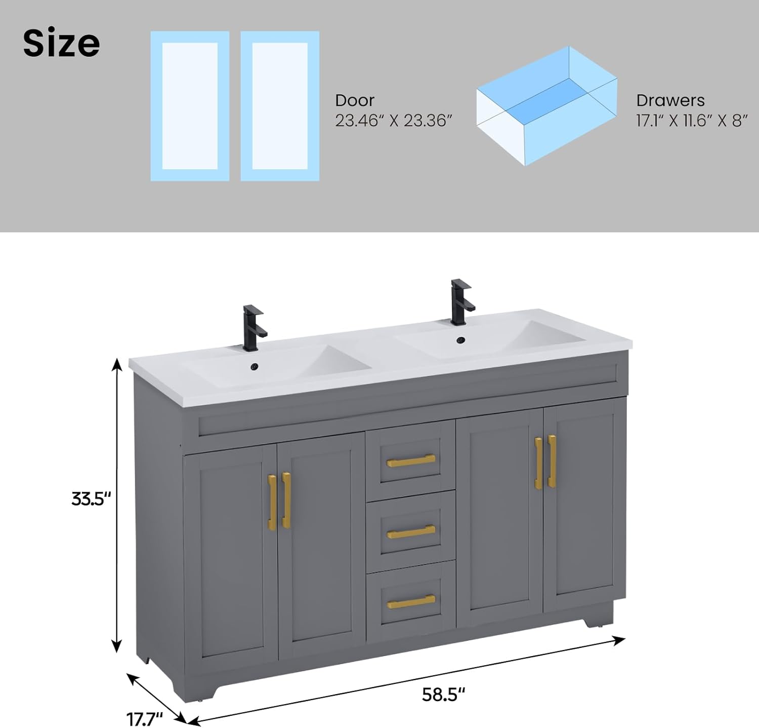 60" Bathroom Vanity with Sink Combo,Freestanding Quick Assembly Bathroom Vanity,Solid Wood Frame,Soft-Closing Doors and Drawers,Grey Painted Finished,Faucets are not Included