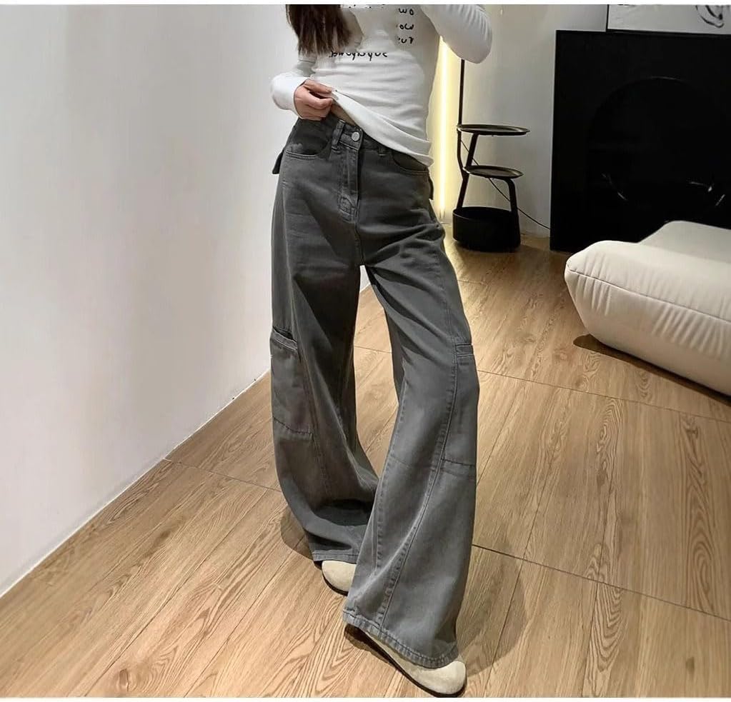Women's Spring Fall Baggy Wide Leg Denim Cargo Jeans