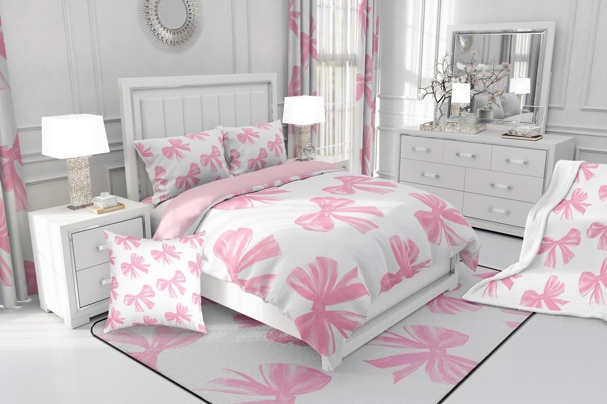 Erosebridal Pink White Bow Girls Down Comforter Cute Bowknot Bedding Set for Kids Teen Women,Kawaii Girly Bow Queen Comforter Set Watercolor Bow Quilt Set 2 Pillow Cases