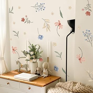 Boho Flower Wall Decals,Watercolor Flower Wall Art,Wildflower Wall Decals,Girls Bedroom Removable Wall Decals (Boho Colorful Flower Wall Decals)