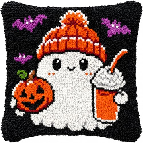 Image of Ylkgogo Latch Hook Pillow Kit for Adults Beginners DIY Throw Pillow Cover Crochet Yarn Kits Printed Canvas Sofa Decor 17 X 17Inches(Ghost)