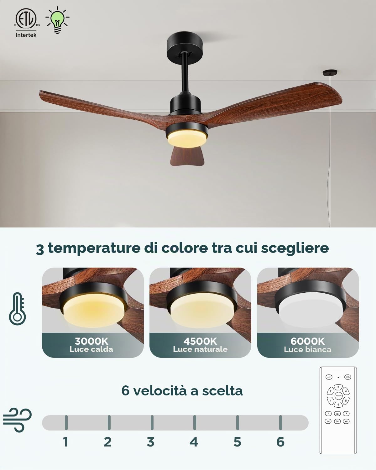 Ventilatore a Soffitto con Luce e Telecomando, 132 cm, 3 Pale in Legno Noce, 3 Aste di Montaggio, Motore DC Silenzioso e Reversibile, Design Moderno, Ideale per Patio e Farmhouse