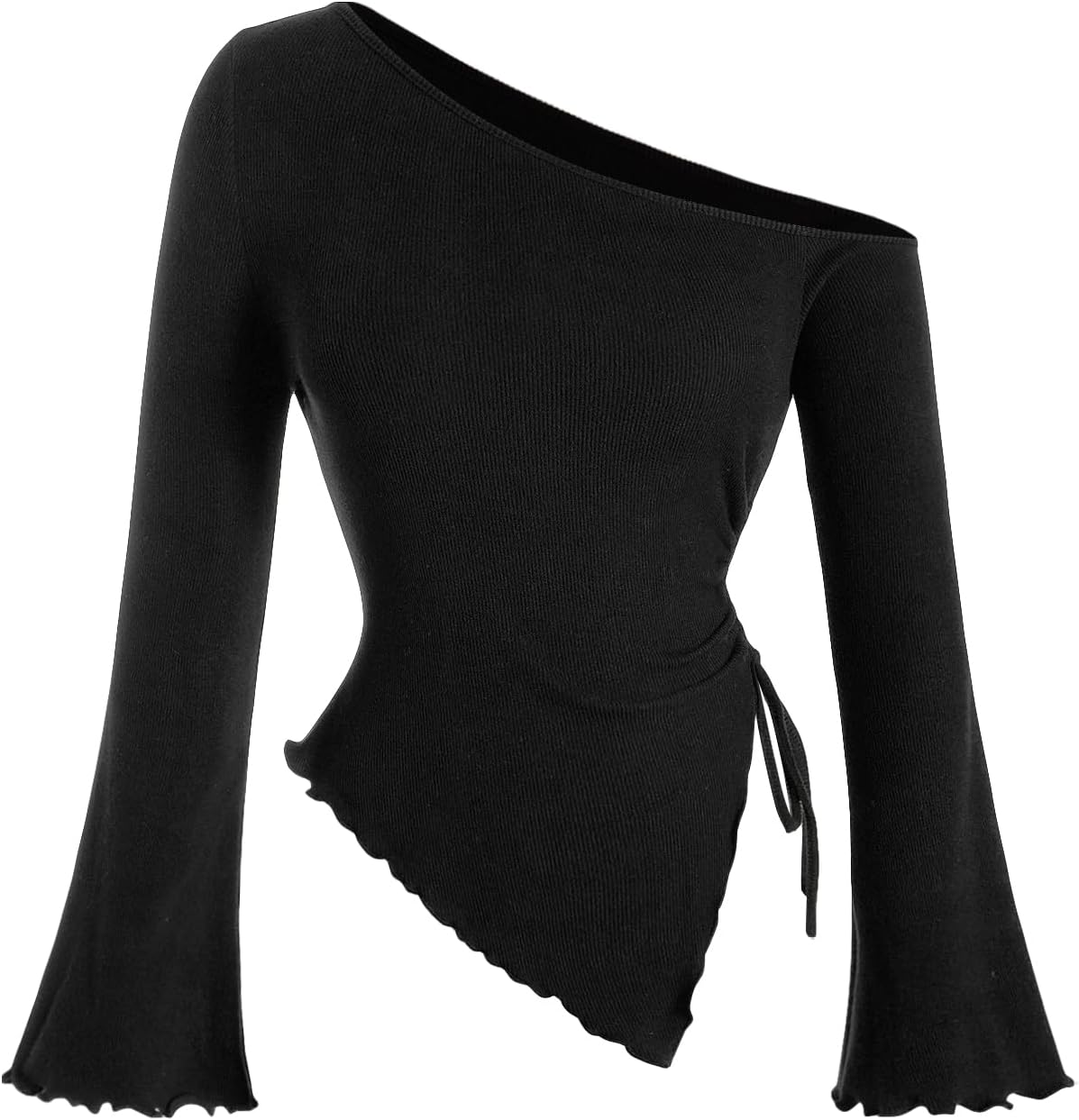 Milumia Women's Ribbed Knit One Off The Shoulder Asymmetrical Long Bell Sleeve Tops Y2K Going Out Tee Shirt Tops