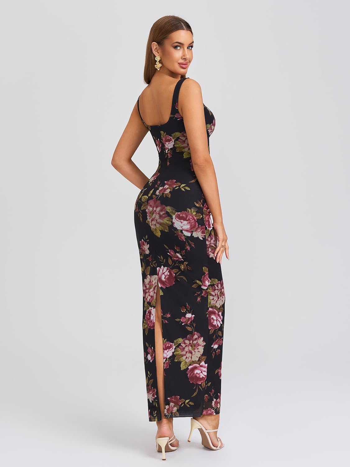 HTZMO Women Summer Floral Bodycon Maxi Dress V Neck Halter Sleeveless Casual Wedding Guest Party Elegant Long Dresses - Image 2