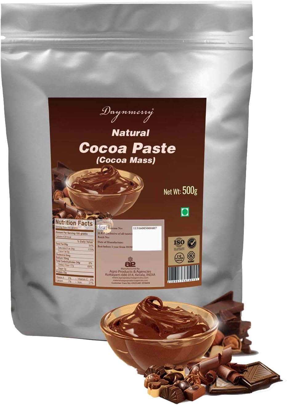Daynmerry Natural Cocoa Paste / Cocoa Mass, 500 Grams (Pack of 2)