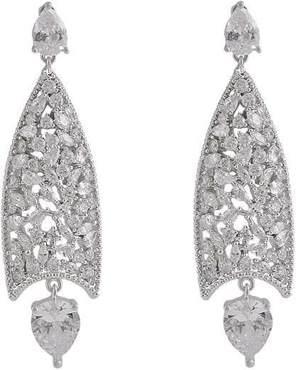 Silver Rhodium-Plated Cubic Zirconia Cluster Drop Drop Earrings For Women
