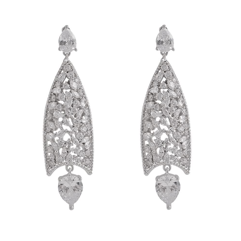 Silver Rhodium-Plated Cubic Zirconia Cluster Drop Drop Earrings For Women