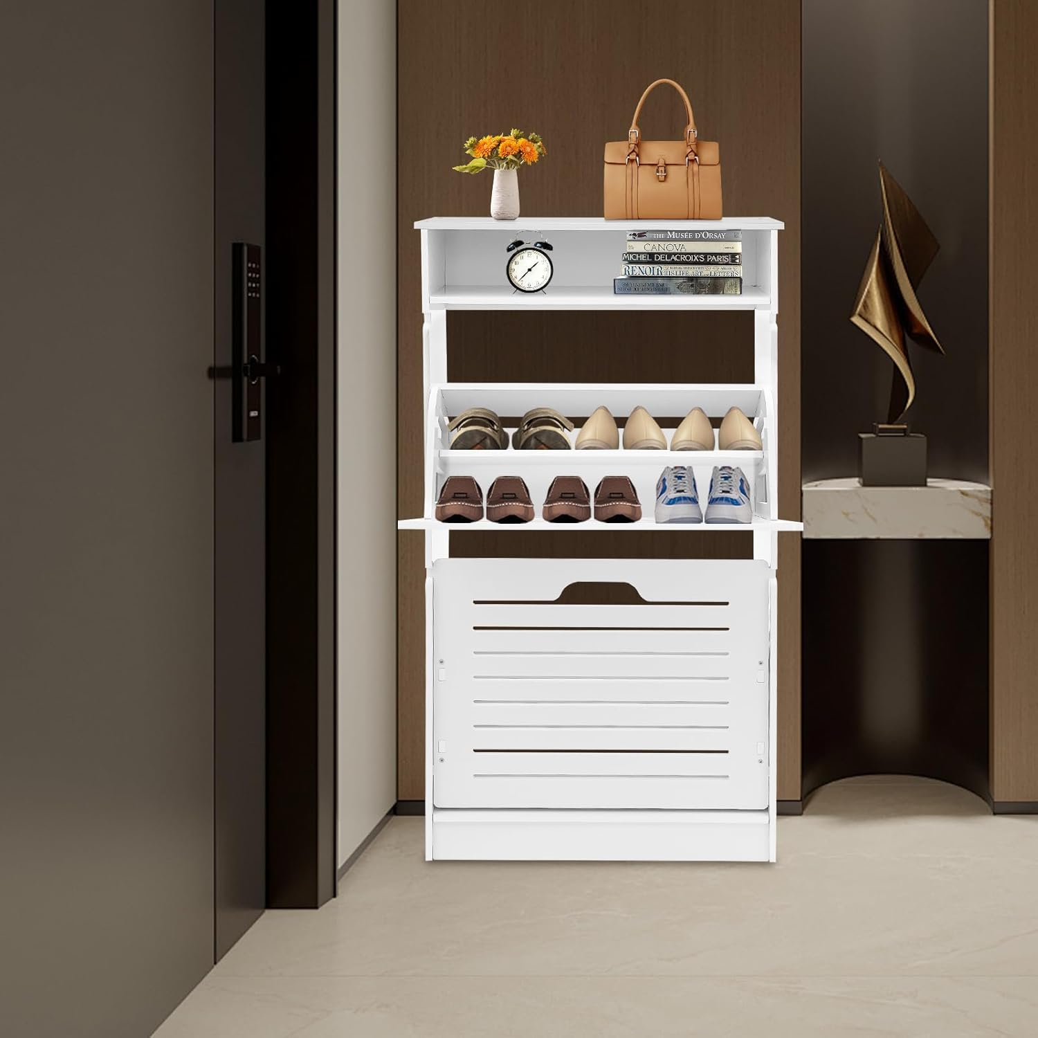 Free Standing Shoe Rack for Entryway, Hidden Narrow Shoe Storage Cabinet w/2 Flip Drawers, Shoe Organizer Cabinet for Bedroom Hallway Home Apartment (White)