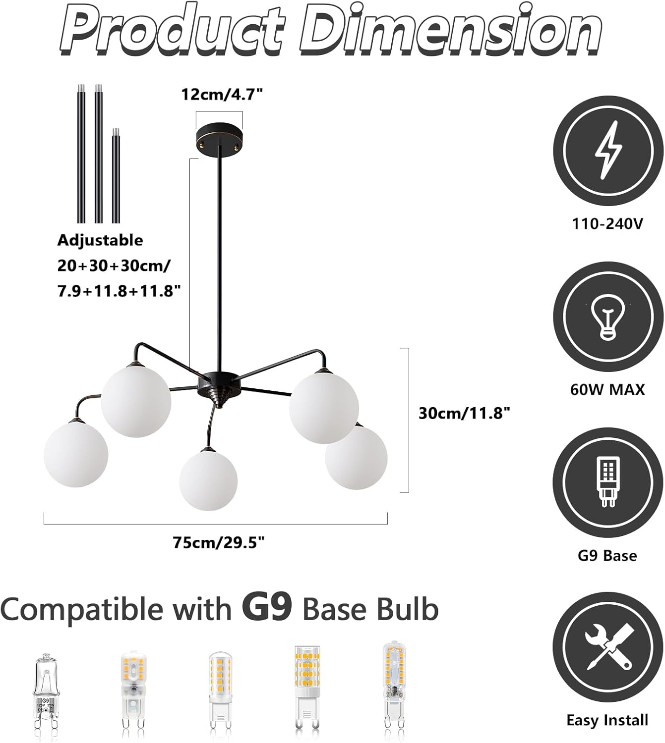 5 Light Mid Century Sputnik Chandelier with White Frosted Globe Glass Shade Pendant Lighting Fixture Living Room Large Pendant Lamp for Bedroom Kitchen Island