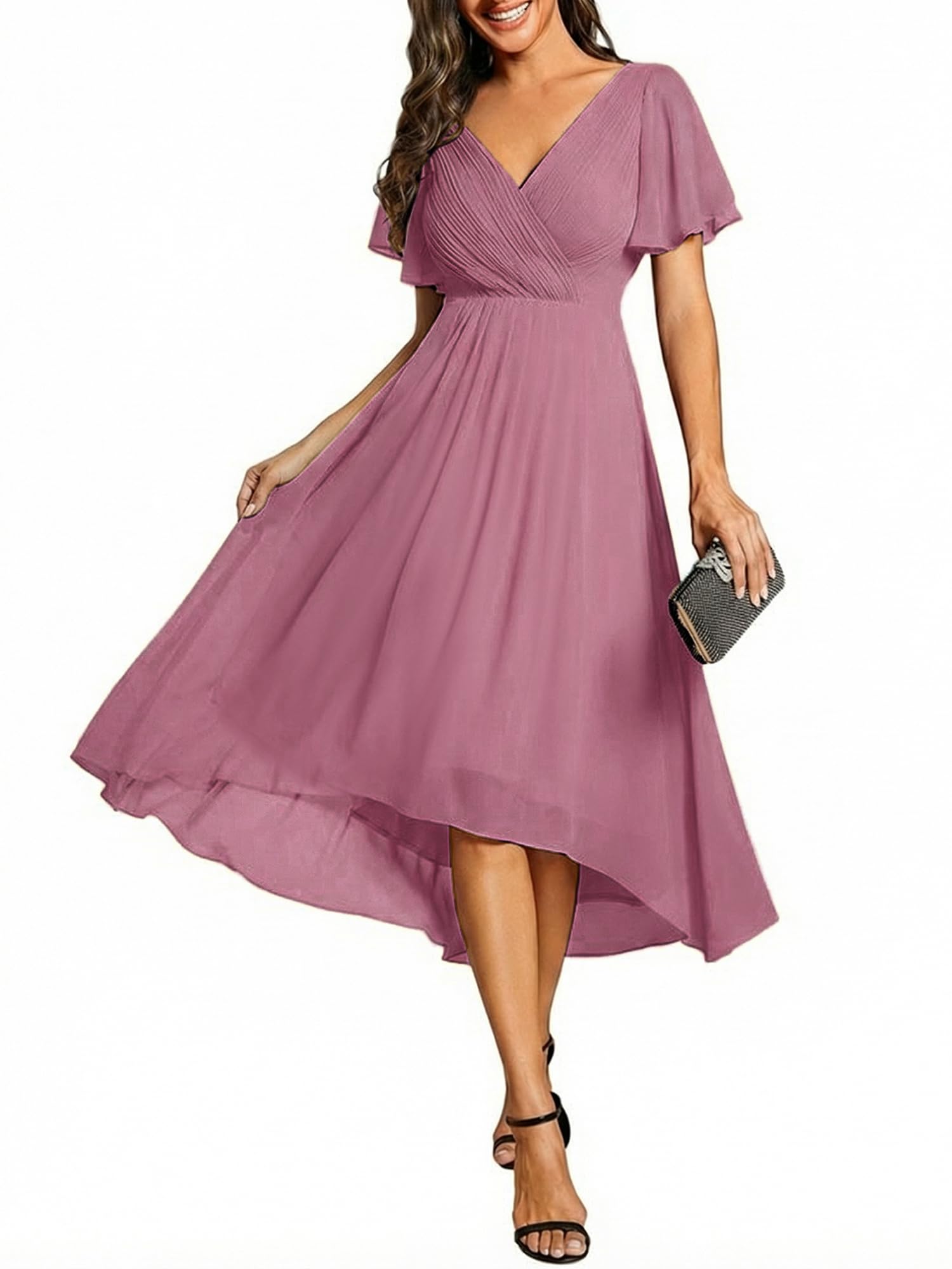 Ever-Pretty Women's Summer Chiffon Formal Wedding Guest Dresses Pleated V-Neck Short Sleeves Cocktail Dress 01923
