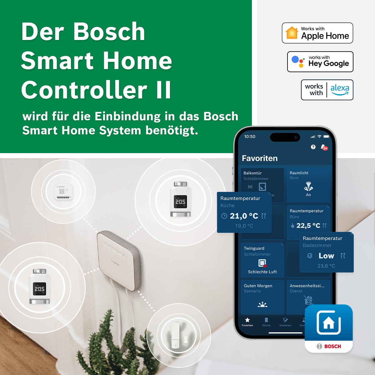 Bosch Smart Home Heizkörper-Thermostat II [+M], smartes Heizkörperthermostat für intelligentes Heizen & Energiesparen, mit Matter, App-Steuerung, kompatibel mit Apple Home, Google Home, Alexa, 3er Set