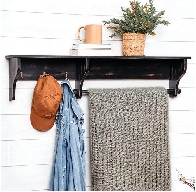 Black Wall Mounted Hanging Shelf Quilt Blanket Rack with Hooks