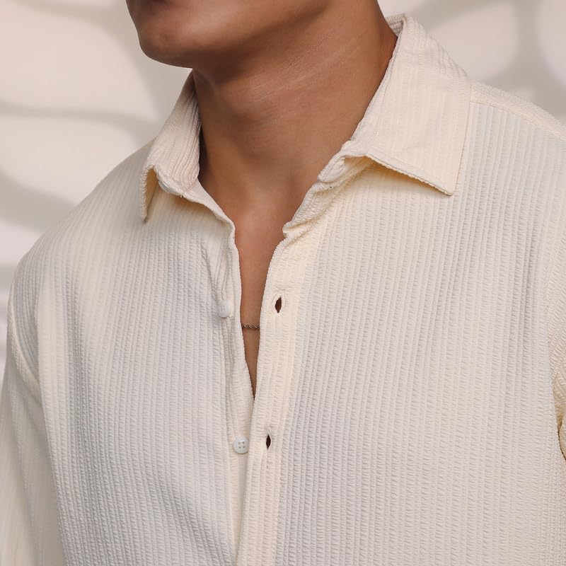 Image of CAHOOT Men's Veined-Textured Shirt | Casual Wear | Spread Collar | Long Sleeve | Button Closure | Shirt Crafted with Comfort Fit for Everyday Wear