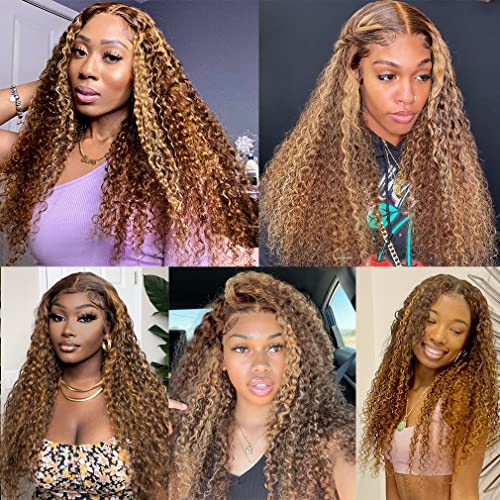 Sweetgirl Highlight Ombre Curly Lace Front Wig Human Hair Water Wave Wigs Pre Plucked 13X4 Hd Lace Frontal Wigs For Black Women 4/27 Honey Blonde Colored Human Hair Lace Front Wigs 180 Density 20 Inch #TOP5