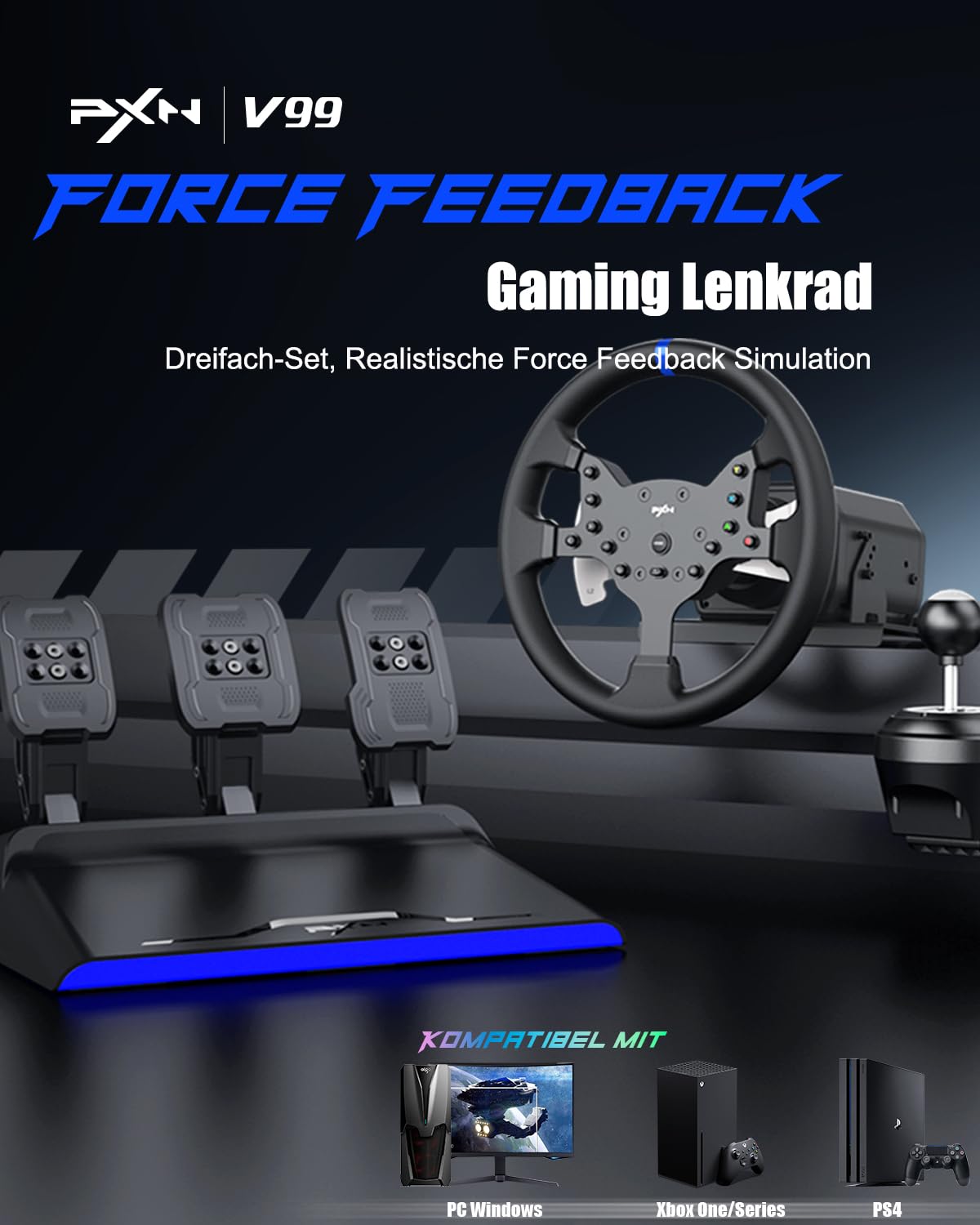 PXN V99 Gaming Lenkrad mit Pedalen und Schalthebel – 3,2 Nm Force-Feedback, 270° & 900°, 11,8-Zoll, 4 Schaltwippen, Tools-App – Lenkrad für PC, Xbox und PS4